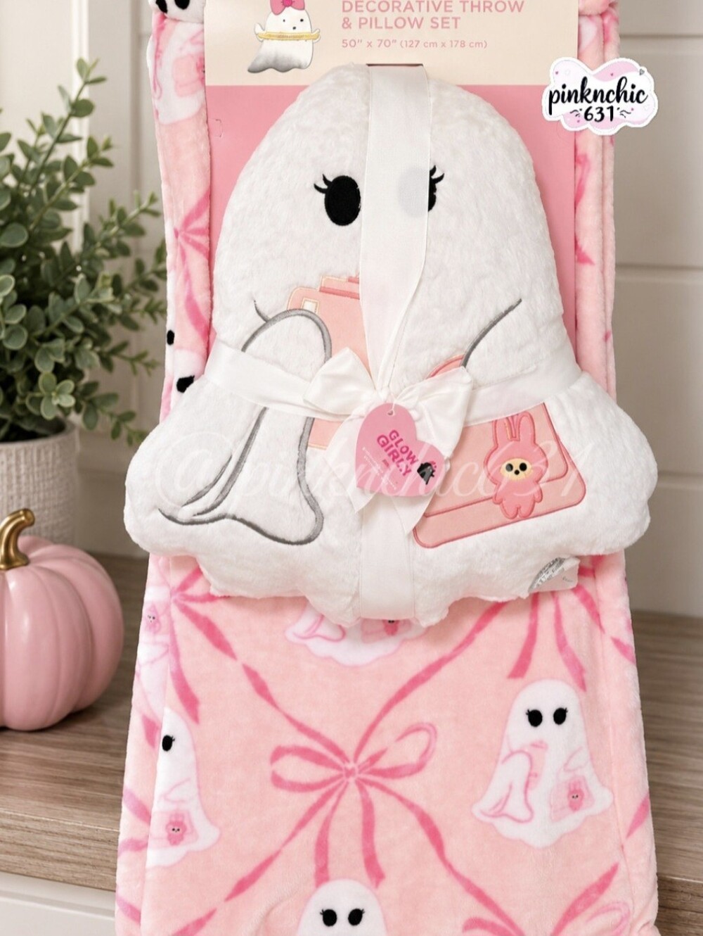 Glow Girly Pink Plush Bow Ghost Pillow and Blanket Set Embroidered Labubu Purse